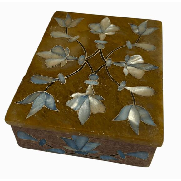 Vintage Handmade Indian Marble Trinket Box – Blue Floral Mother of Pearl Inlay - Picture 1 of 7